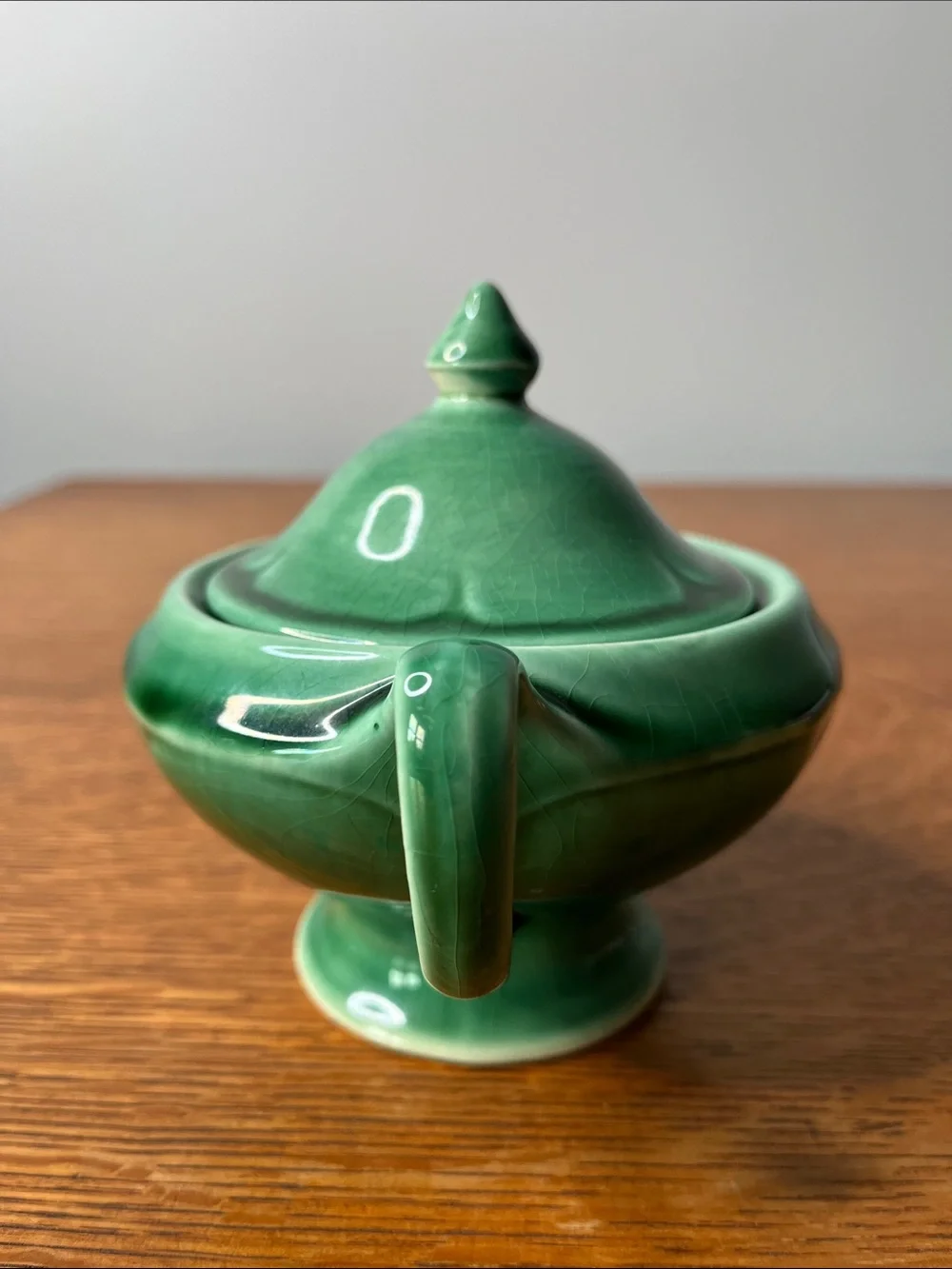Vintage USA Green Pottery Covered Sugar Bowl. Emerald Glaze  Pedestal Candy Dish